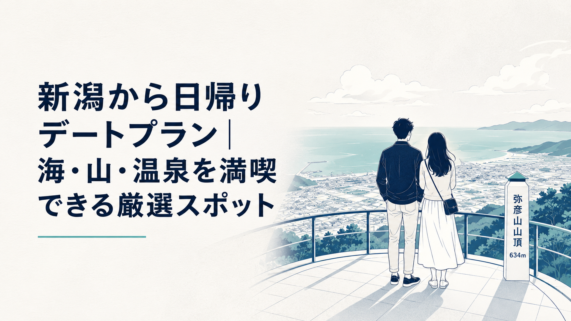 日本海を望む弥彦山の山頂展望台で、海と街並みを眺めるカップルの後ろ姿。晴れた午後の柔らかい光