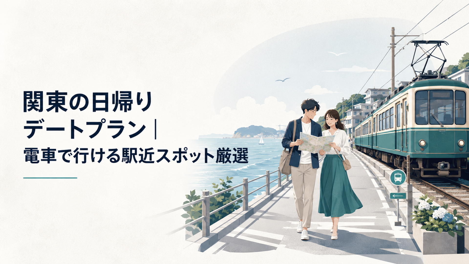 江ノ電と海辺の街並み、カップルが地図を見ながら歩く休日の風景