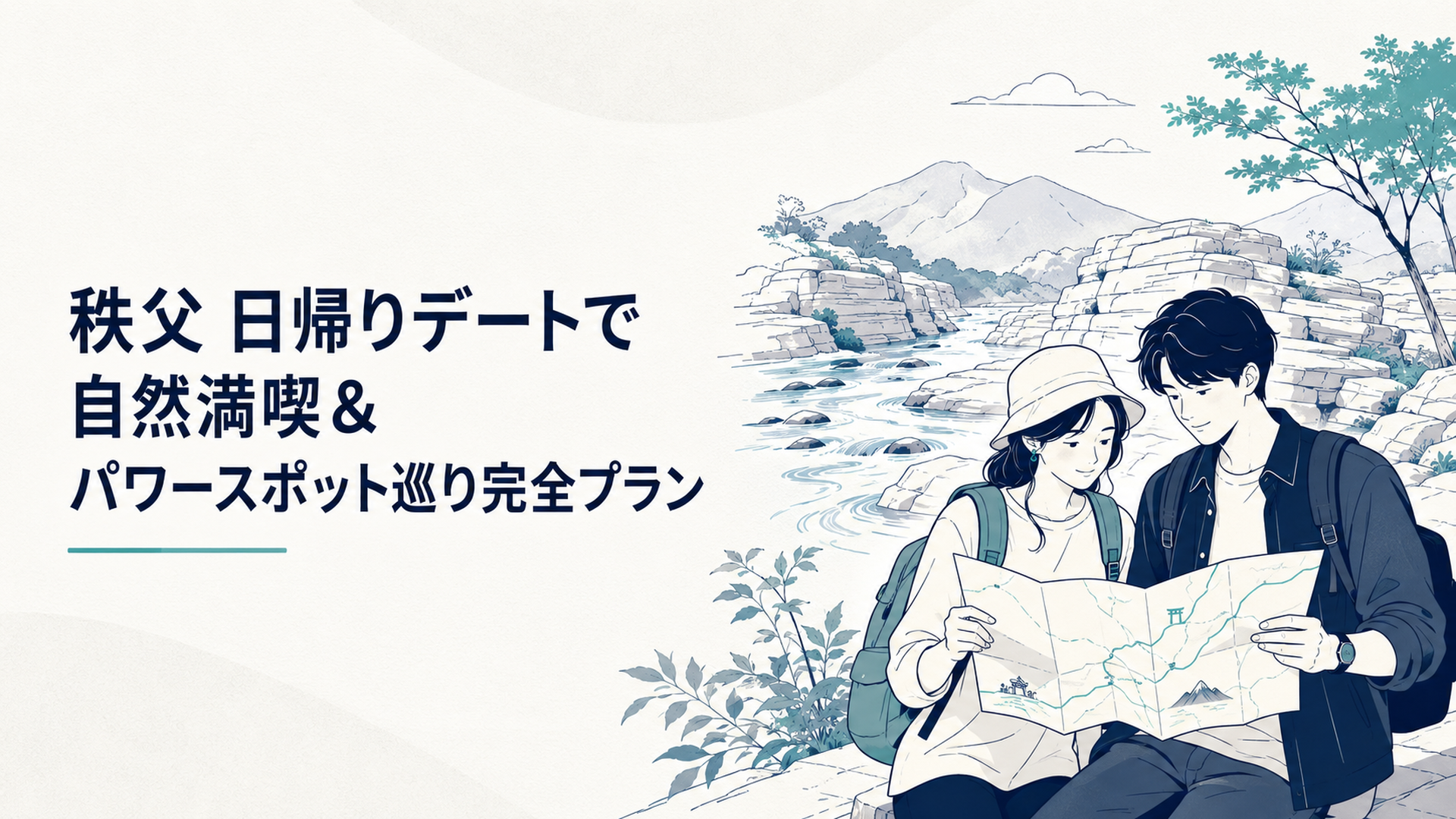 長瀞の岩畳と荒川の渓流をバックに、地図を広げる二人組の探検デート風景