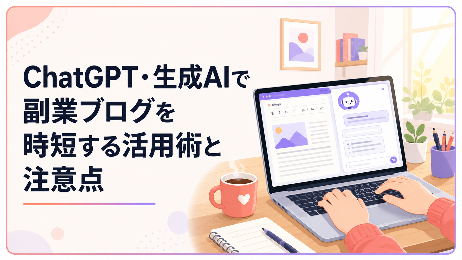 ノートパソコンでブログを書きながらAIチャット画面を開いている在宅ワーカーの手元、あたたかい光の差す部屋