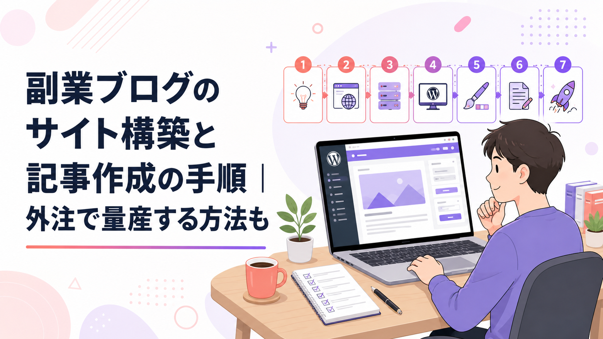 自宅のデスクで副業ブログの7ステップとWordPress画面を確認する初心者