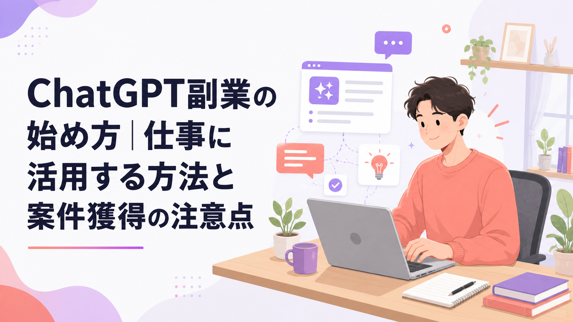 ノートパソコンでChatGPT副業に取り組む在宅ワーカー