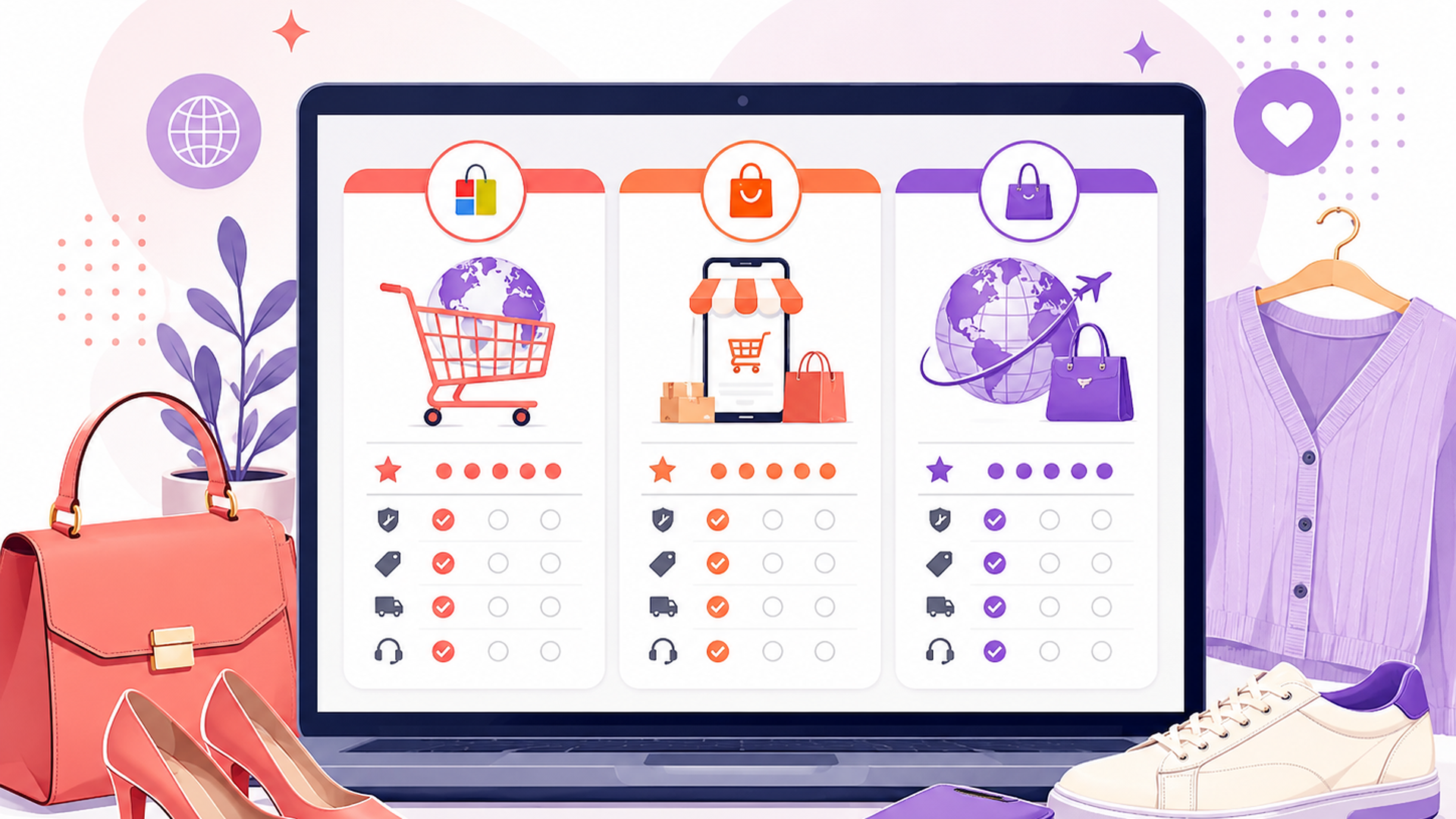 eBay・Shopee・BUYMAの特徴を比較するパソコン画面と商品