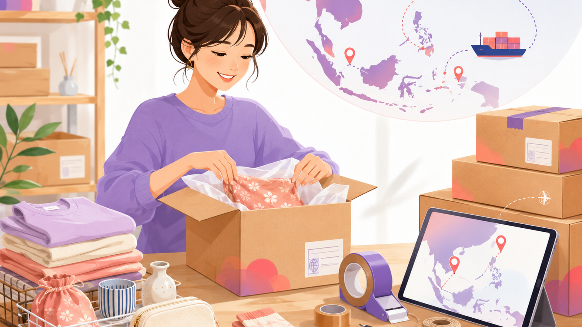 日本の商品を梱包して東南アジアや台湾へ発送する作業風景