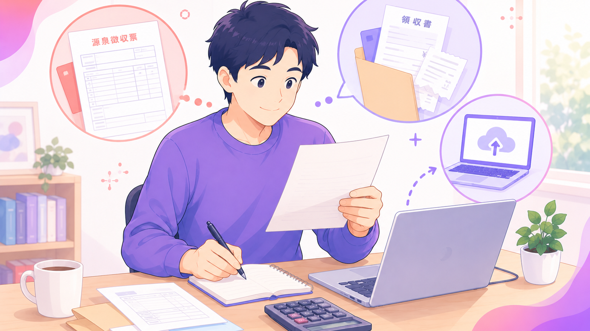 源泉徴収票や領収書を確認しながらオンライン申告を準備する人