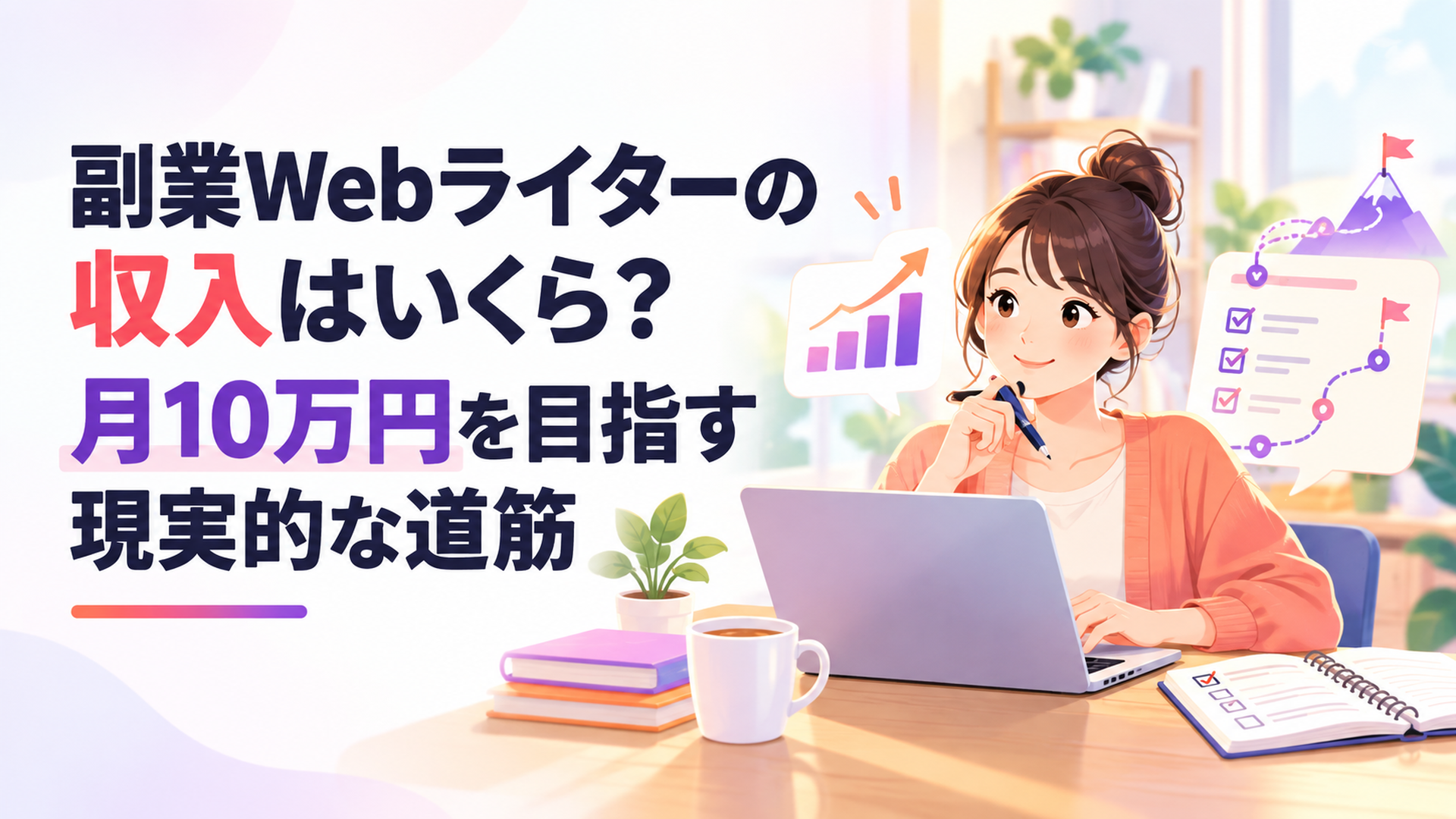 自宅のデスクでノートパソコンを開き副業Webライターの収入と月10万円までの計画を確認する様子